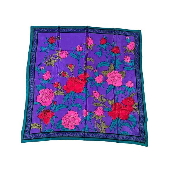 Silk Floral Square Scarf OS Pink Colorful Rose Retro Classic Chic Glam Preppy - Picture 1 of 9